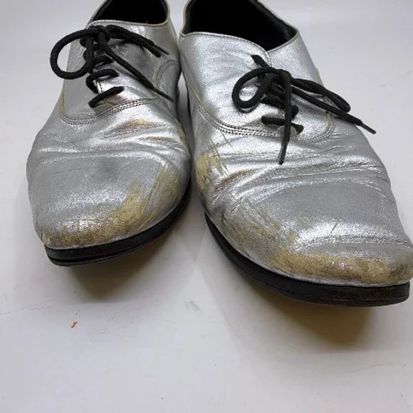 Saint Laurent Oxford Lace-Up Silver Metallic Leather 37.5 Sh - Picture 2 of 8